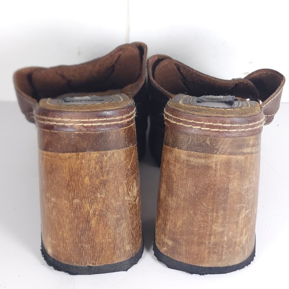 Bongo Women's Vintage 90s Y2K US10 Brown Leather Wooden Chunky Platform Sandals - Picture 12 of 16